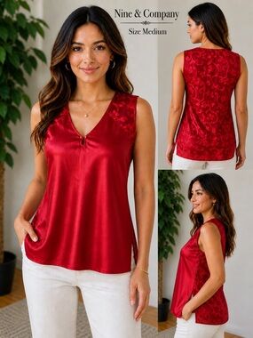 Nine & Company Red Satin Floral Sleeveless Blouse Size Medium